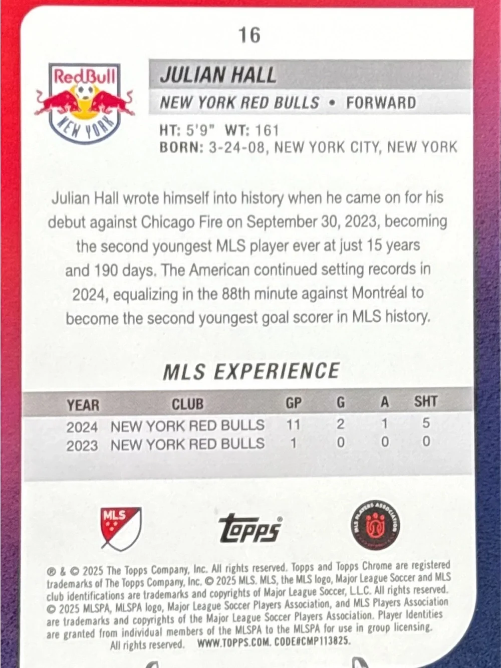 Topps Chrome Refractor Soccer Trading Card - Julian Hall